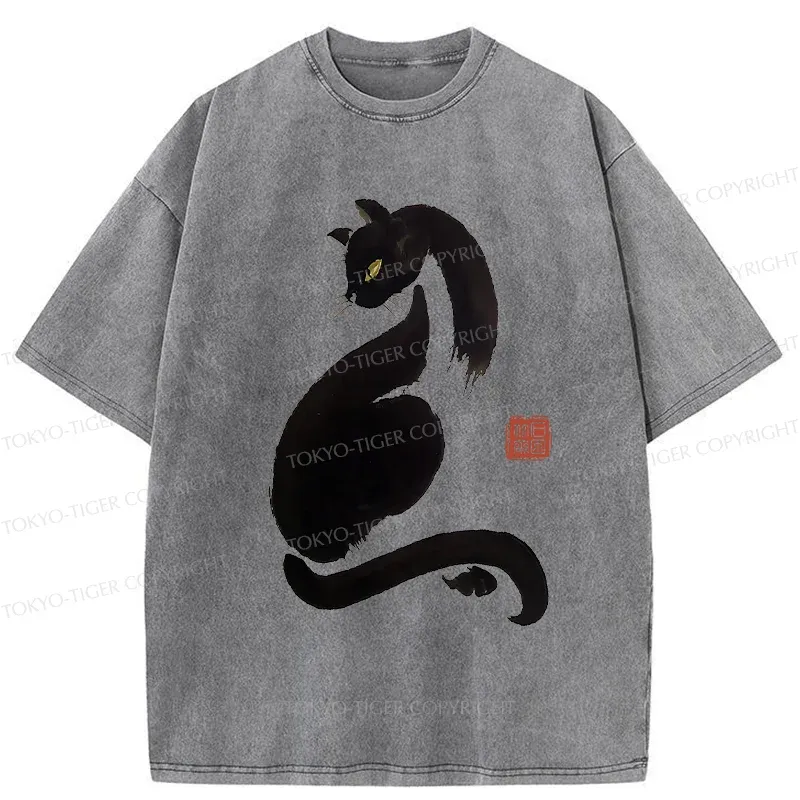 Tokyo-Tiger Elegant Black Cat Washed T-Shirt Sale