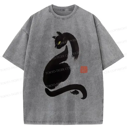 Tokyo-Tiger Elegant Black Cat Washed T-Shirt