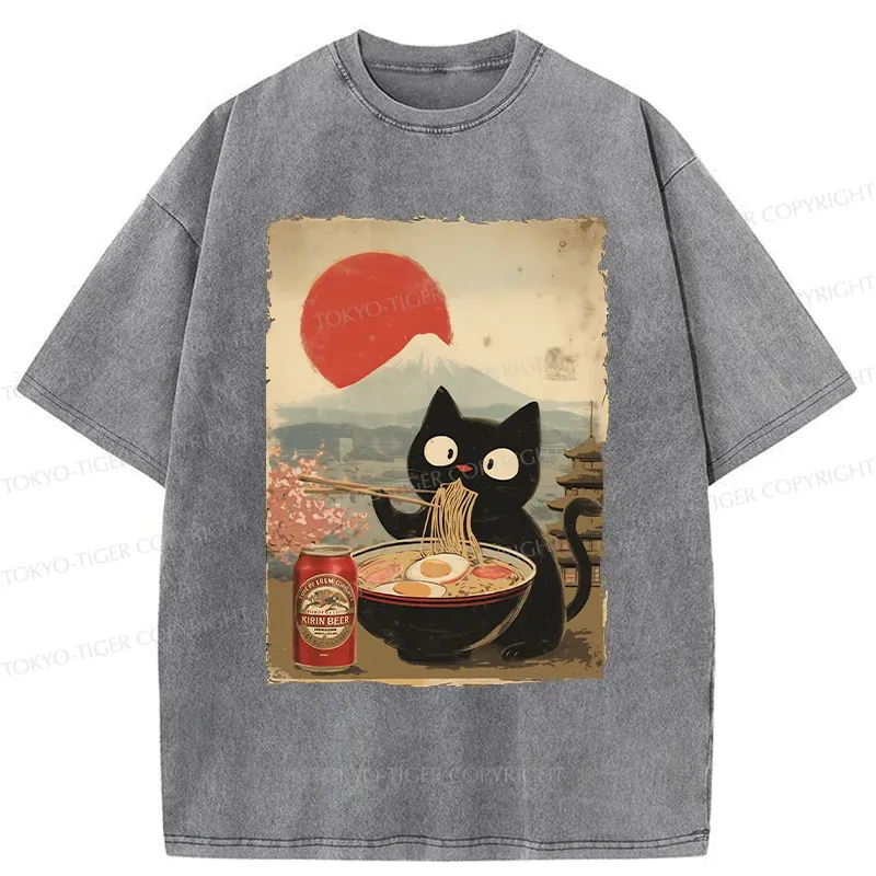 Tokyo-Tiger Cat Eating Ramen And Drinking Beer Washed T-Shirt Sale