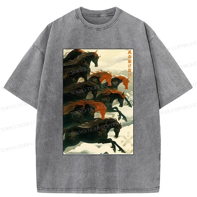 Tokyo-Tiger Galloping Horses Washed T-Shirt