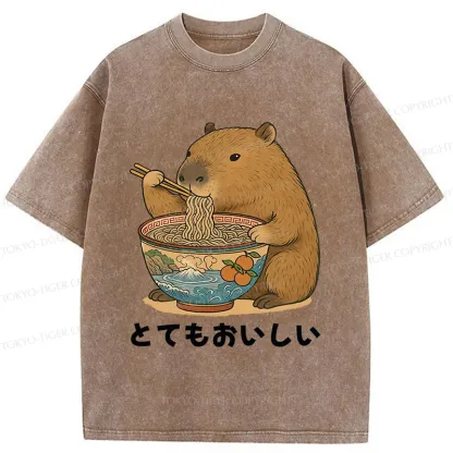 Tokyo-Tiger Capybara Eating Ramen Japan Washed T-Shirt