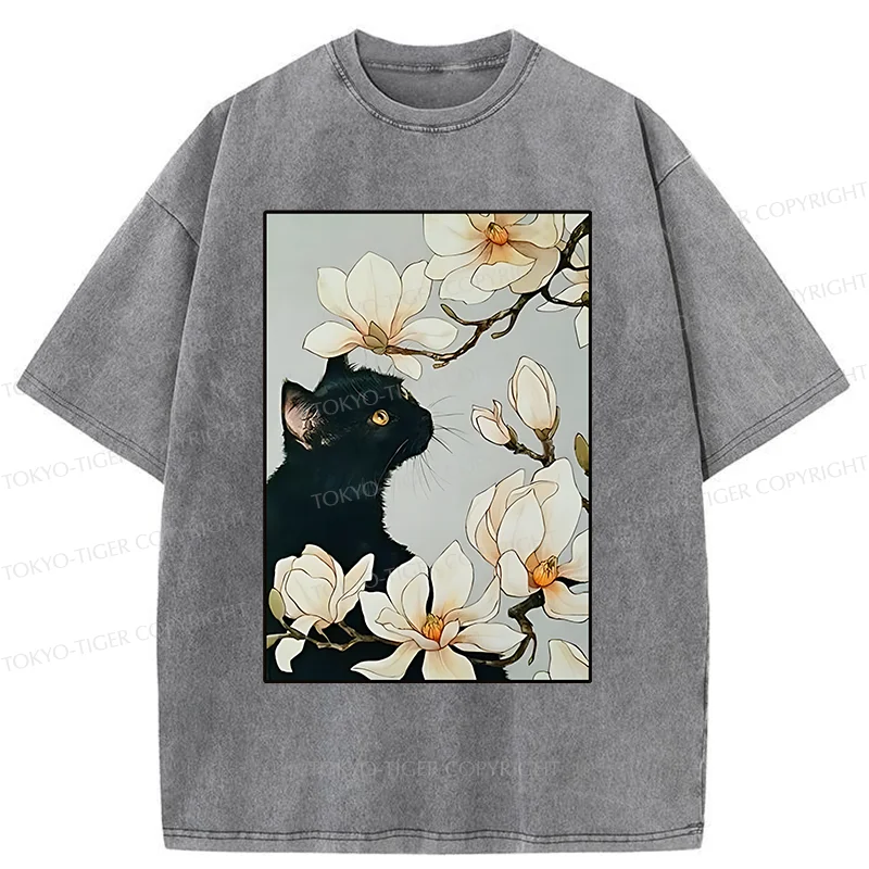 Tokyo-Tiger Cat Under Magnolia Blossoms Washed T-Shirt