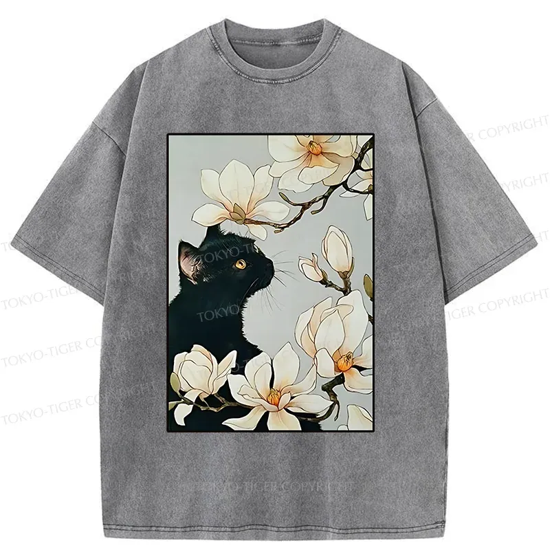 Tokyo-Tiger Cat Under Magnolia Blossoms Washed T-Shirt Sale