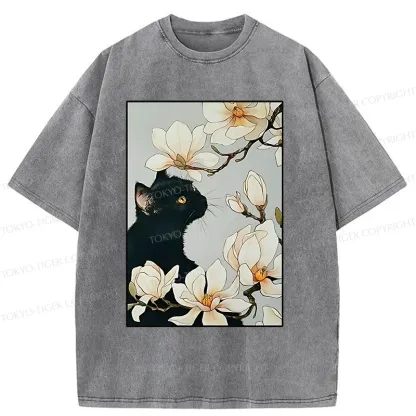 Tokyo-Tiger Cat Under Magnolia Blossoms Washed T-Shirt