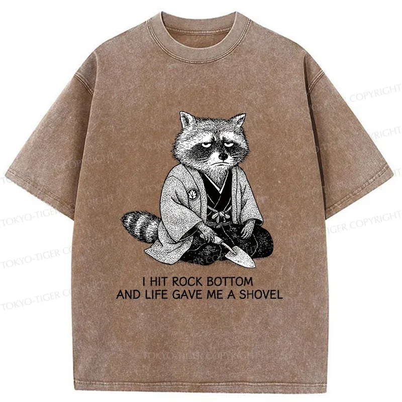 Tokyo-Tiger Raccoon Holding A Shovel Funny Washed T-Shirt