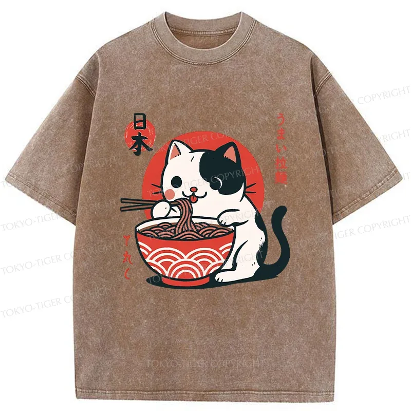 Tokyo-Tiger Cute Kitten Eating Ramen Washed T-Shirt