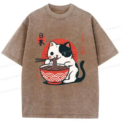 Tokyo-Tiger Cute Kitten Eating Ramen Washed T-Shirt