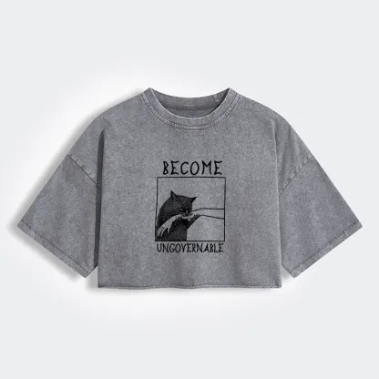 Tokyo-Tiger Cat Biting Arm Women's Washed Crop T-Shirt