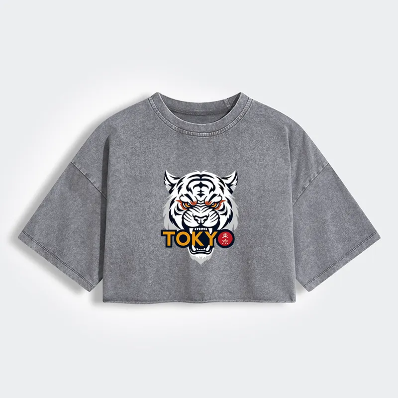 Tokyo-Tiger Logo Women's Washed Crop T-Shirt
