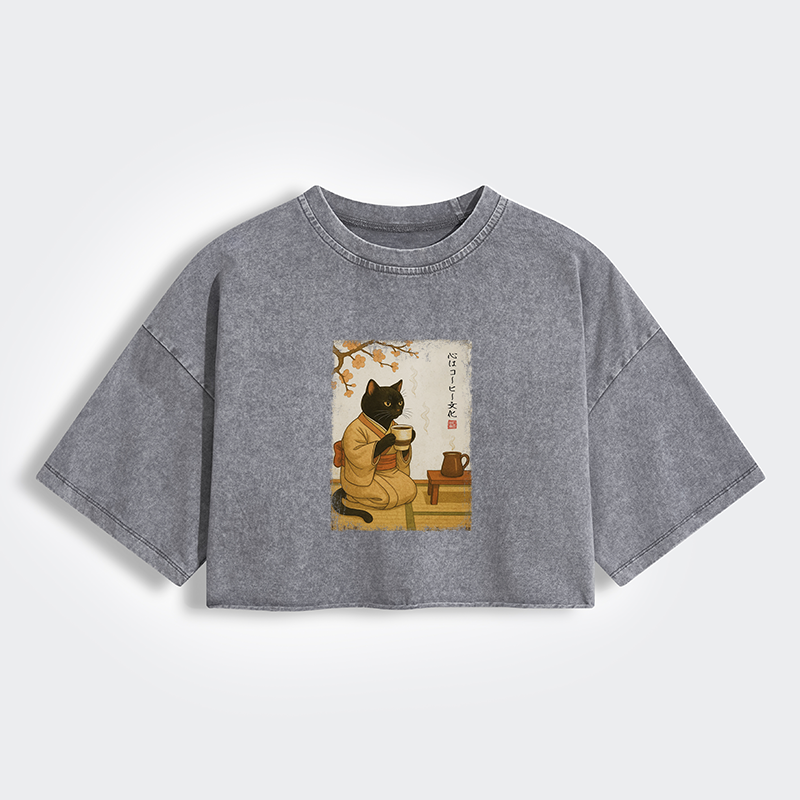 Tokyo-Tiger Tea Time With A Black Cat Women's Washed Crop T-Shirt