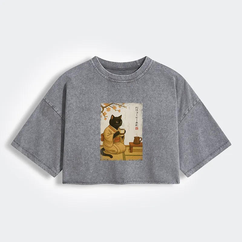 Tokyo-Tiger Tea Time With A Black Cat Women's Washed Crop T-Shirt