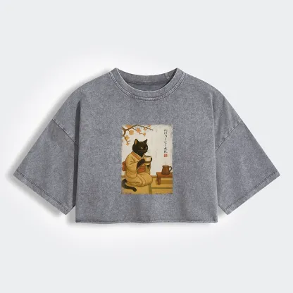 Tokyo-Tiger Tea Time With A Black Cat Women's Washed Crop T-Shirt