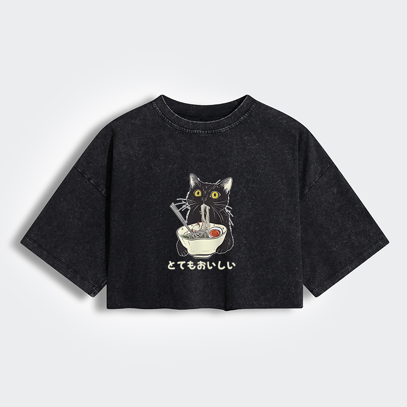 Tokyo-Tiger Cats Eat Ramen Noodles Women's Washed Crop T-Shirt