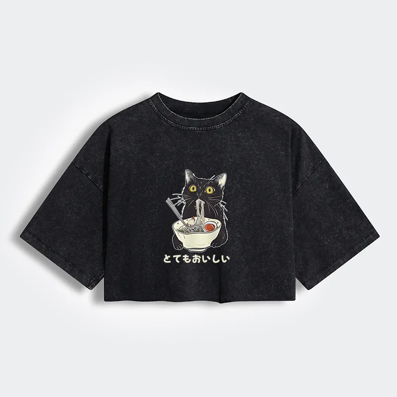 Tokyo-Tiger Cats Eat Ramen Noodles Women's Washed Crop T-Shirt