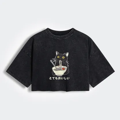 Tokyo-Tiger Cats Eat Ramen Noodles Women's Washed Crop T-Shirt