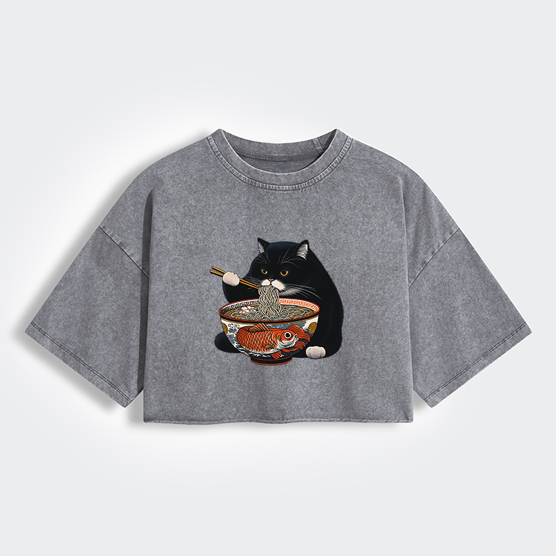 Tokyo-Tiger Fat Cat Eating Ramen Women's Washed Crop T-Shirt
