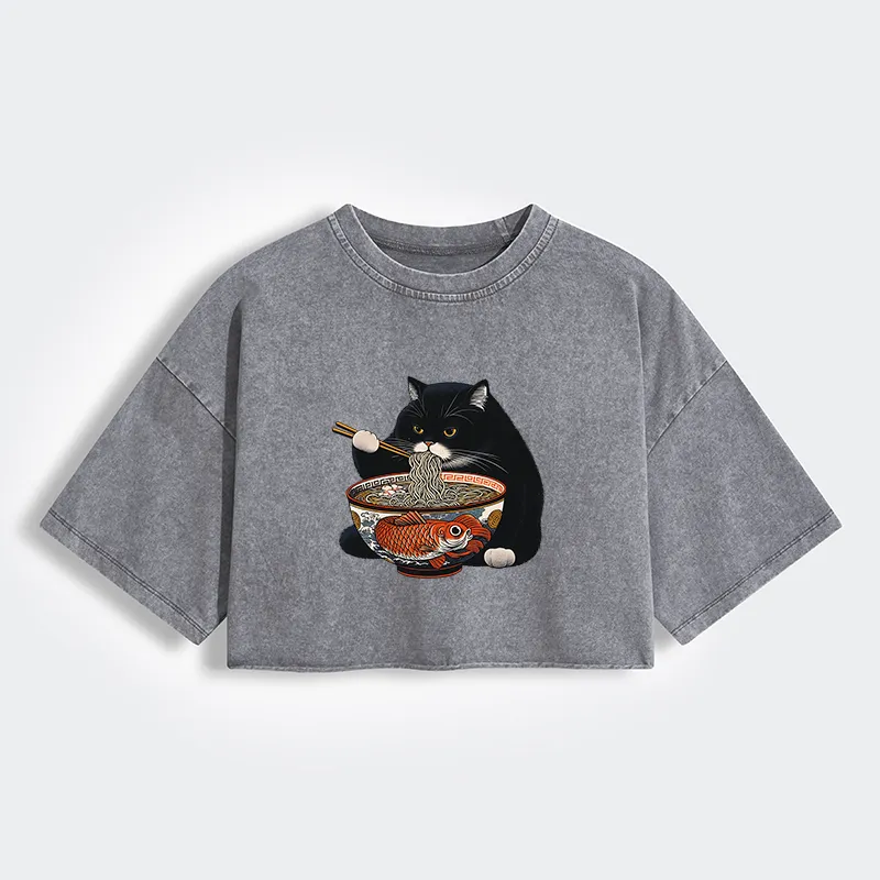 Tokyo-Tiger Fat Cat Eating Ramen Women's Washed Crop T-Shirt