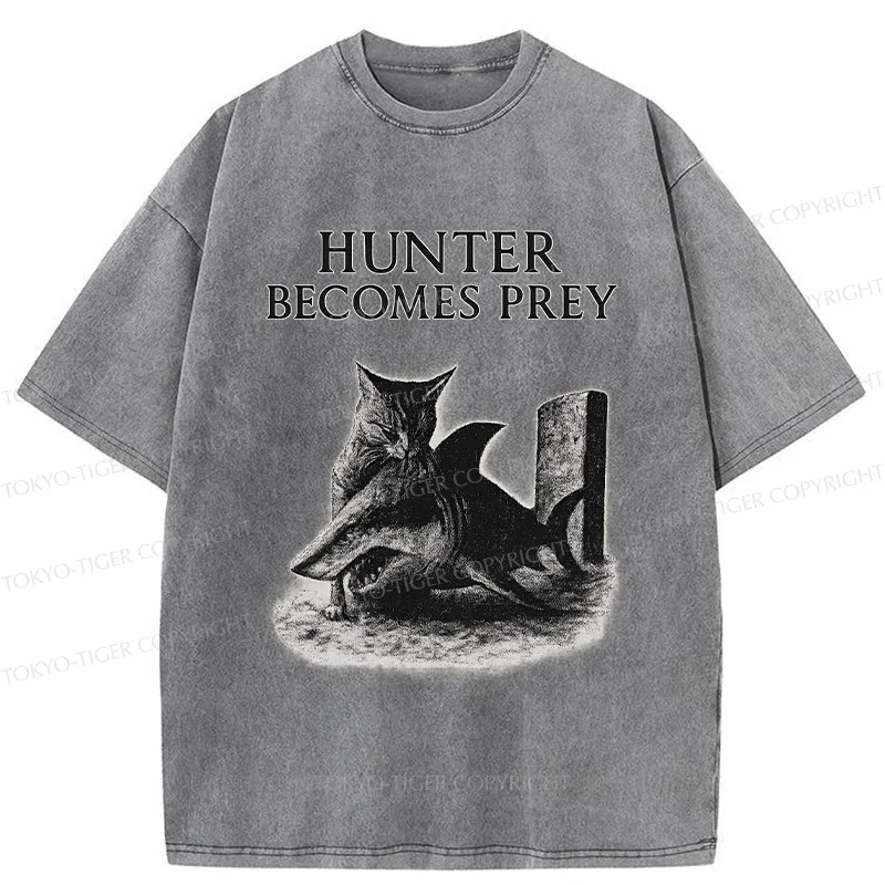 Tokyo-Tiger Cat Eats Shark Washed T-Shirt