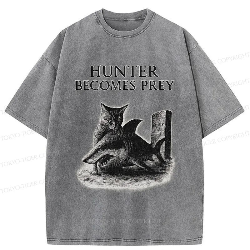 Tokyo-Tiger Cat Eats Shark Washed T-Shirt