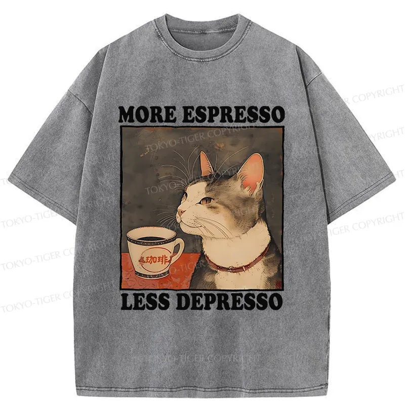 Tokyo-Tiger Cute Cat Drinking Coffee Washed T-Shirt