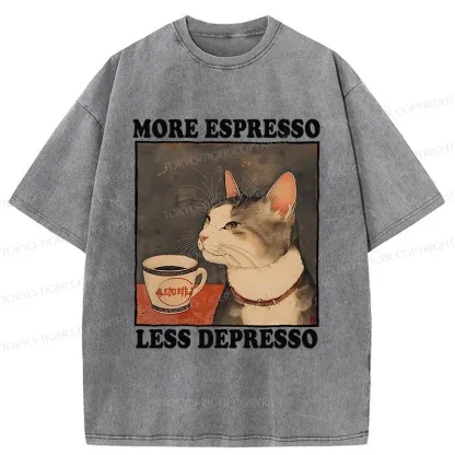 Tokyo-Tiger Cute Cat Drinking Coffee Washed T-Shirt
