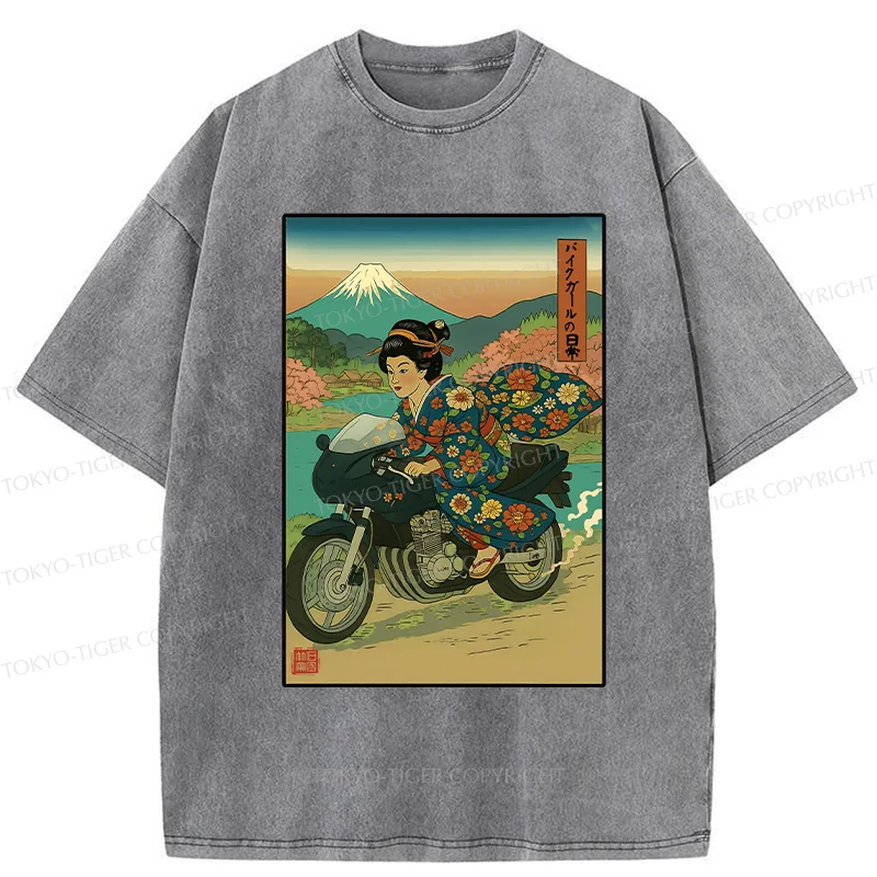Tokyo-Tiger Geisha Riding A Motorcycle Washed T-Shirt