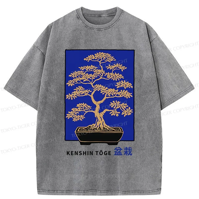 Tokyo-Tiger Japanese Bonsai Woodcut Washed T-Shirt