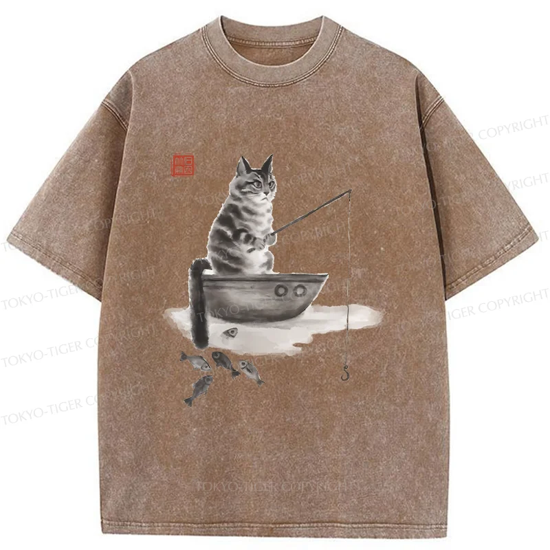 Tokyo-Tiger Cat Fishing Washed T-Shirt
