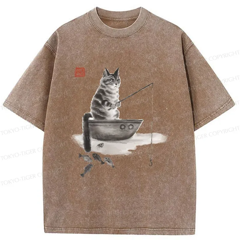 Tokyo-Tiger Cat Fishing Washed T-Shirt