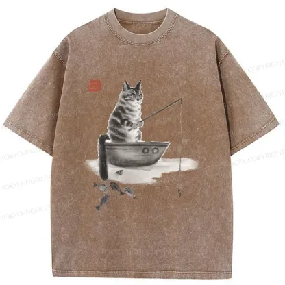 Tokyo-Tiger Cat Fishing Washed T-Shirt
