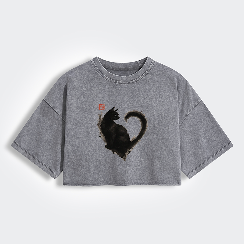 Tokyo-Tiger Funny Heart-Shaped Ink Cat Women's Washed Crop T-Shirt
