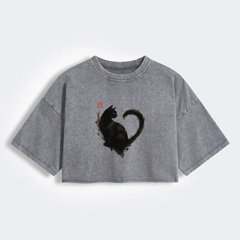 Tokyo-Tiger Funny Heart-Shaped Ink Cat Women's Washed Crop T-Shirt