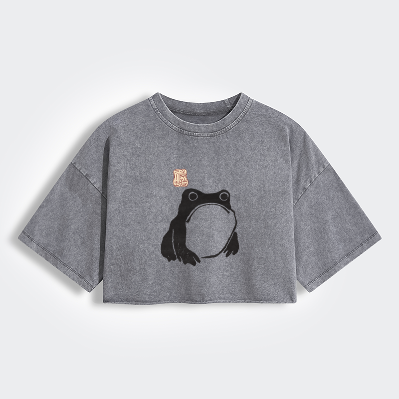 Tokyo-Tiger Matsumoto Hoji Woodblock Print Frog Women's Washed Crop T-Shirt