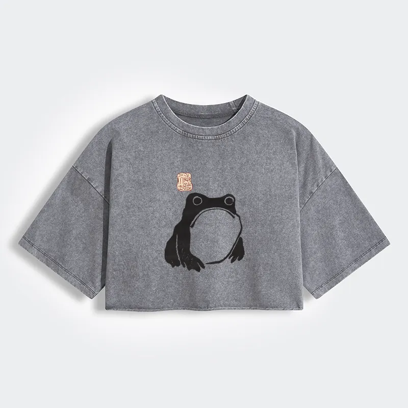 Tokyo-Tiger Matsumoto Hoji Woodblock Print Frog Women's Washed Crop T-Shirt