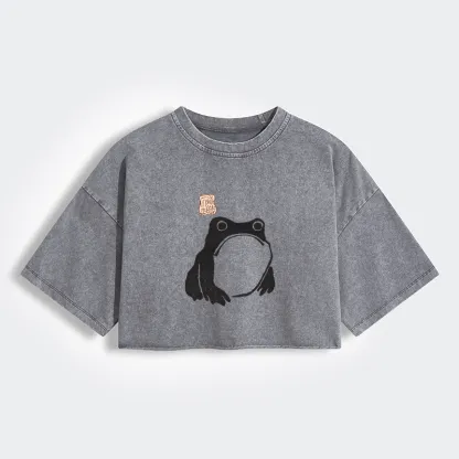 Tokyo-Tiger Matsumoto Hoji Woodblock Print Frog Women's Washed Crop T-Shirt