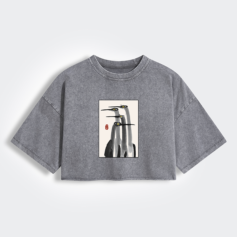 Tokyo-Tiger Japanese Crane Poster Women's Washed Crop T-Shirt