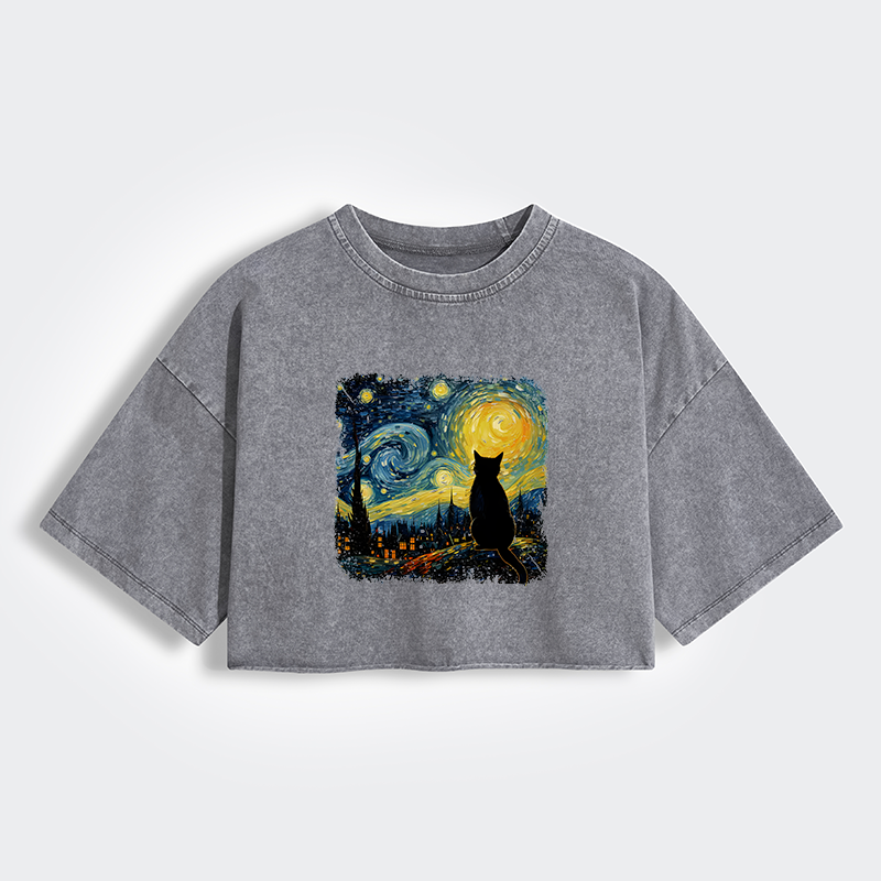 Tokyo-Tiger The Starry Night Cat Women's Washed Crop T-Shirt