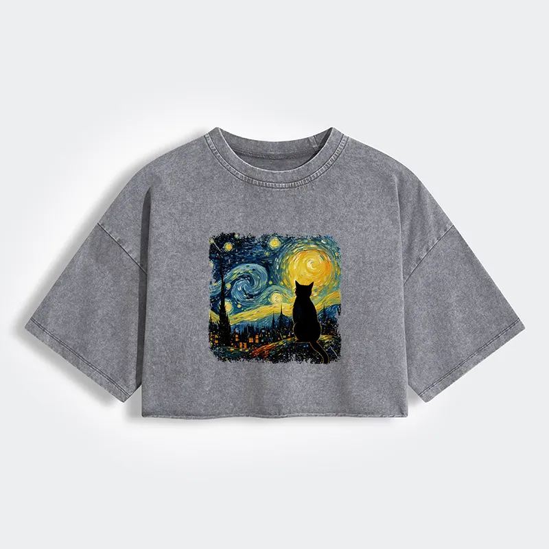Tokyo-Tiger The Starry Night Cat Women's Washed Crop T-Shirt