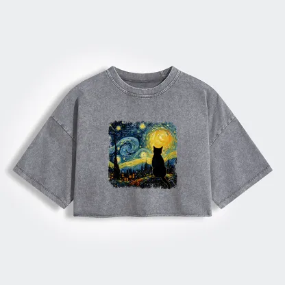Tokyo-Tiger The Starry Night Cat Women's Washed Crop T-Shirt