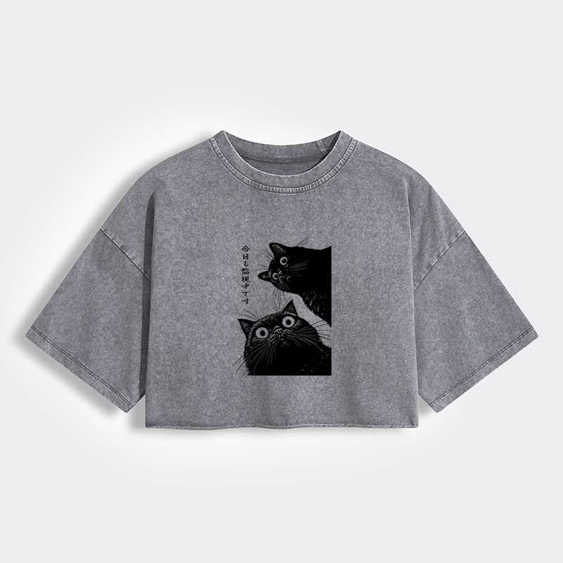 Tokyo-Tiger The Cat Is Watching Today Women's Washed Crop T-Shirt