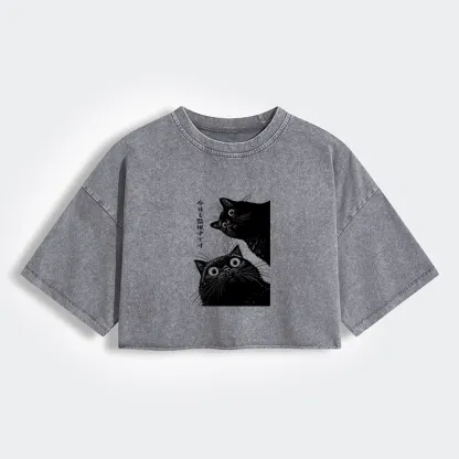 Tokyo-Tiger The Cat Is Watching Today Women's Washed Crop T-Shirt