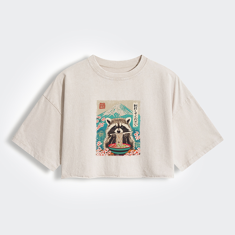 Tokyo-Tiger Please Give Raccoon A Discount Women's Washed Crop T-Shirt