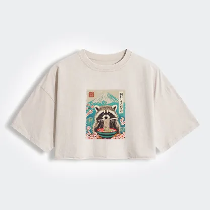 Tokyo-Tiger Please Give Raccoon A Discount Women's Washed Crop T-Shirt