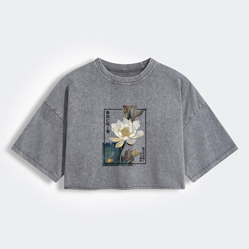 Tokyo-Tiger Blooming Lotus Japan Women's Washed Crop T-Shirt