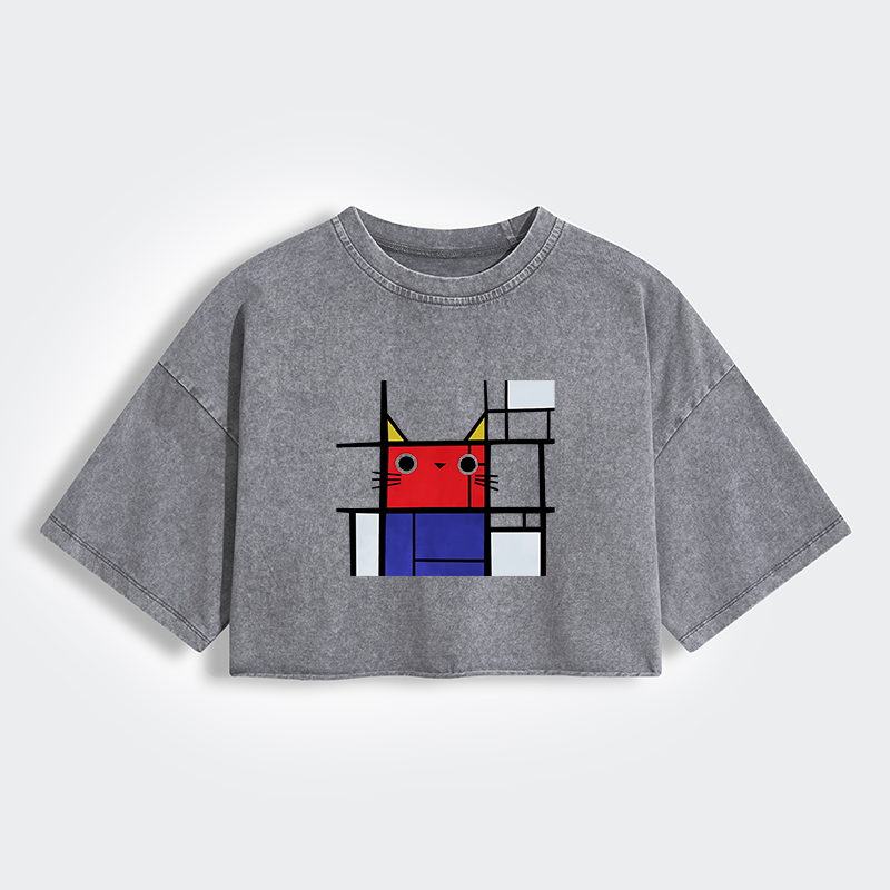 Tokyo-Tiger Abstract Art Cat Women's Washed Crop T-Shirt