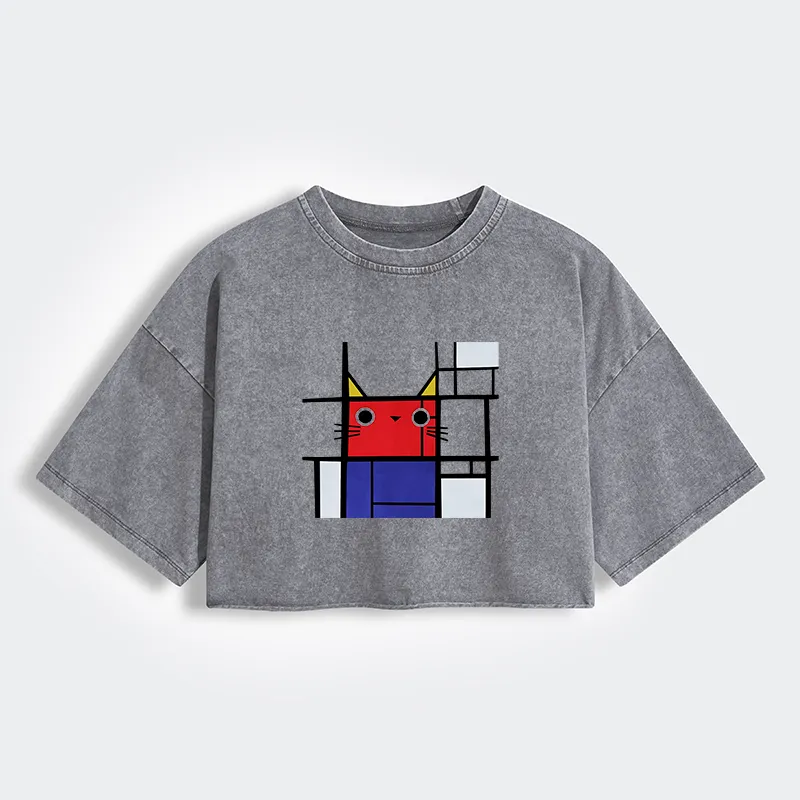 Tokyo-Tiger Abstract Art Cat Women's Washed Crop T-Shirt