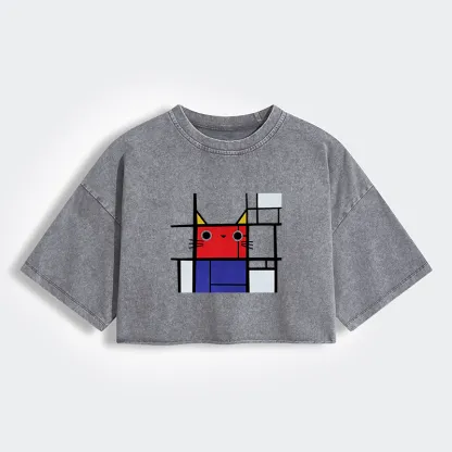 Tokyo-Tiger Abstract Art Cat Women's Washed Crop T-Shirt