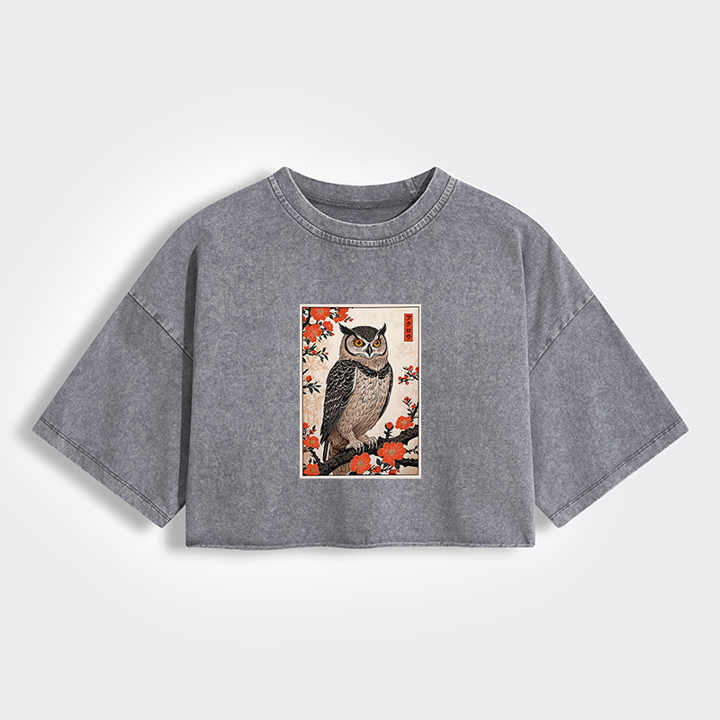Tokyo-Tiger Vintage Japanese Owl Women's Washed Crop T-Shirt