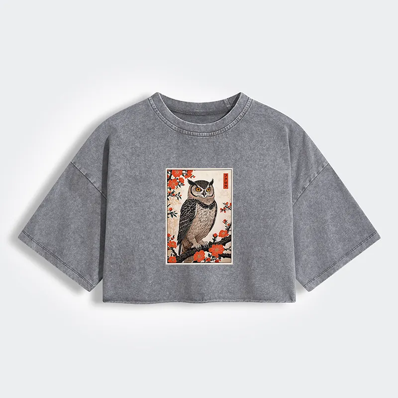 Tokyo-Tiger Vintage Japanese Owl Women's Washed Crop T-Shirt