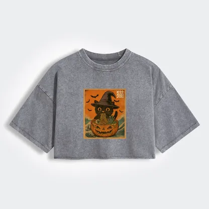 Tokyo-Tiger Halloween Cat Eating Ramen Women's Washed Crop T-Shirt